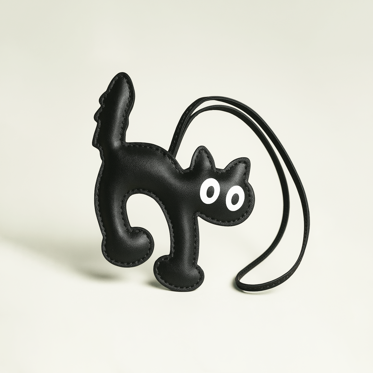 Black cat-shaped keychain with white eyes on a beige background
