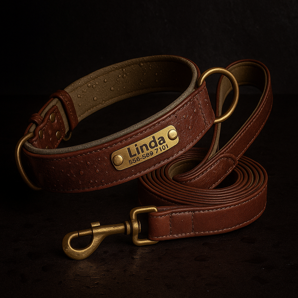 Brown leather dog collar and leash set with 'Linda' nameplate on a dark background