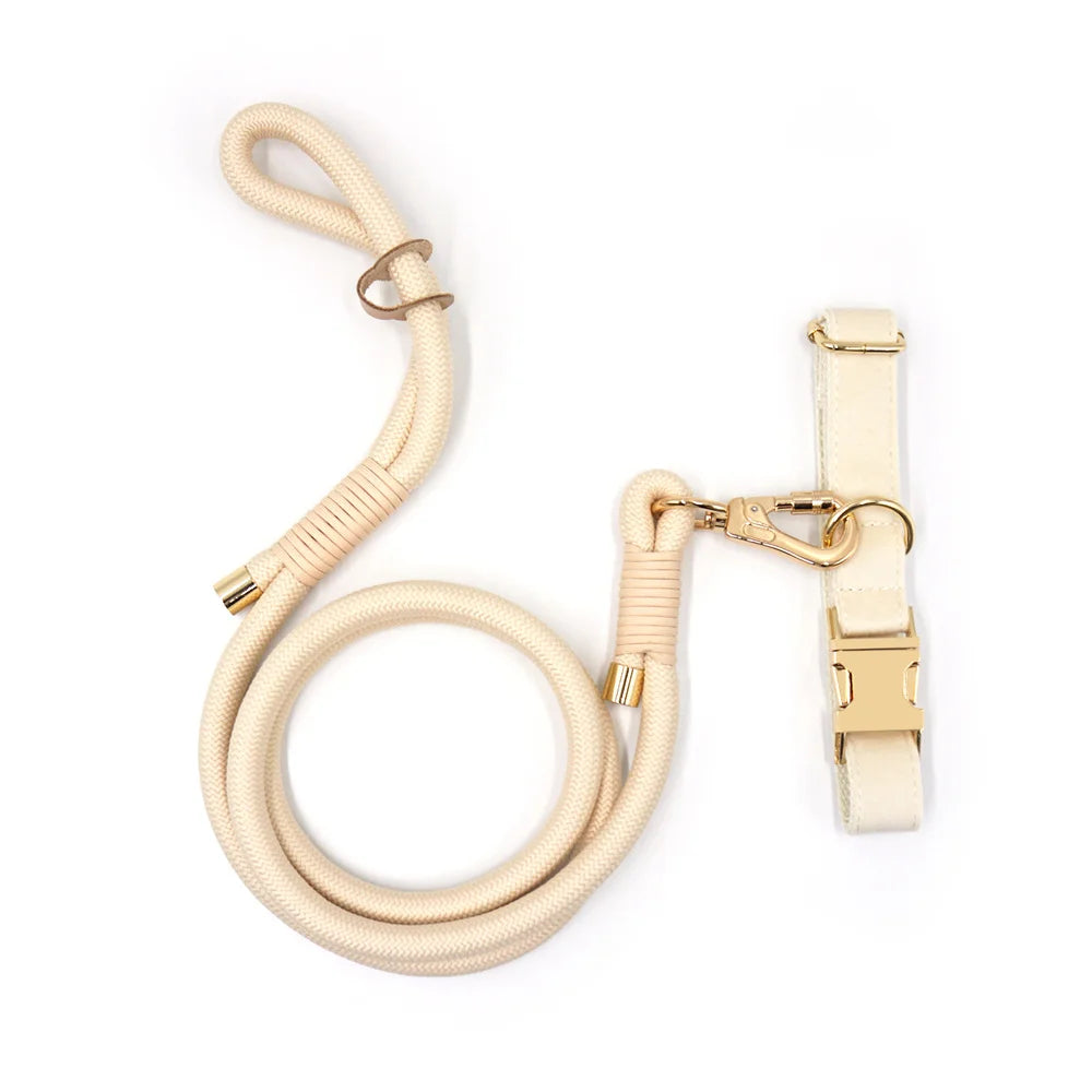 Leather Dog Collar+Leash+Bag Holder Set