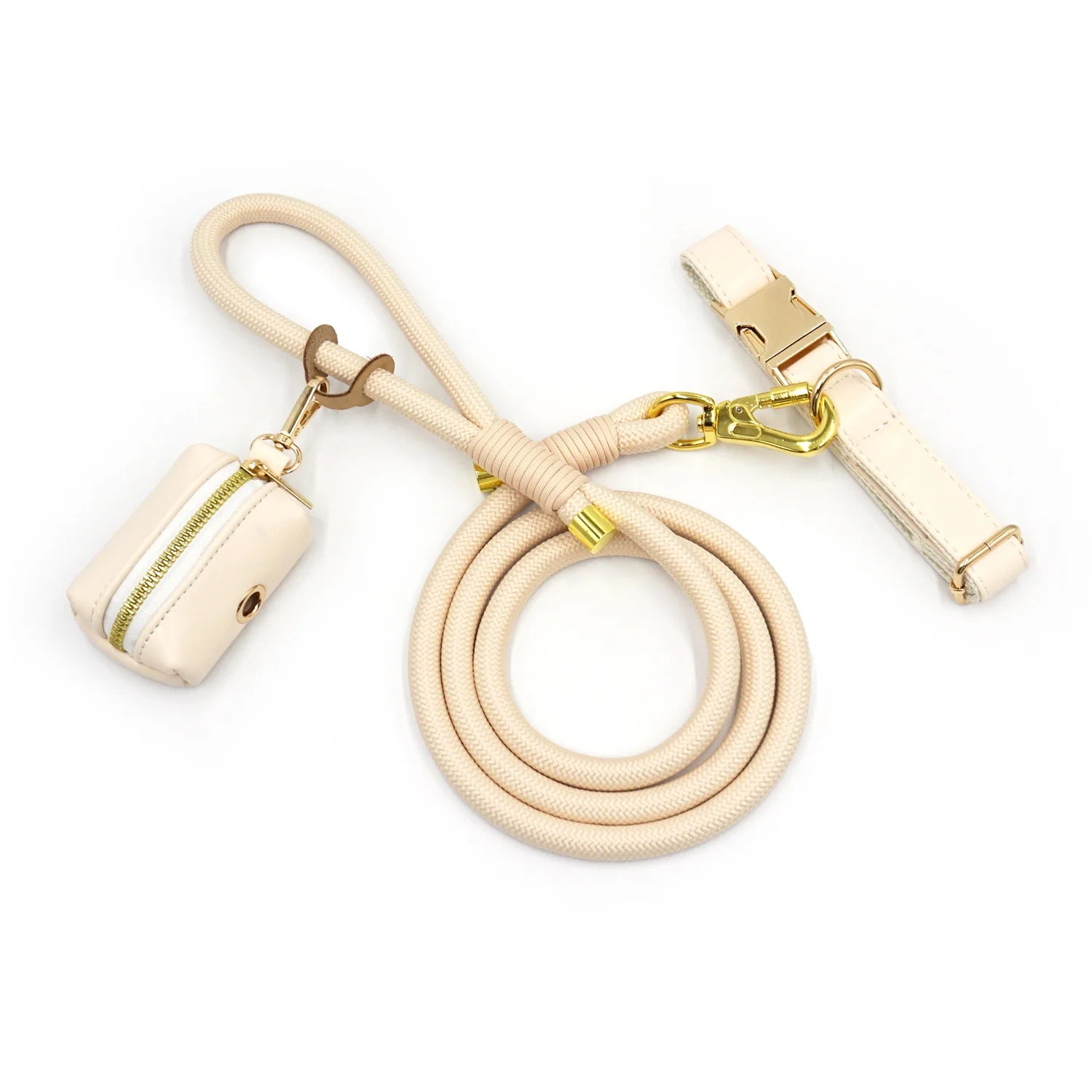 Leather Dog Collar+Leash+Bag Holder Set