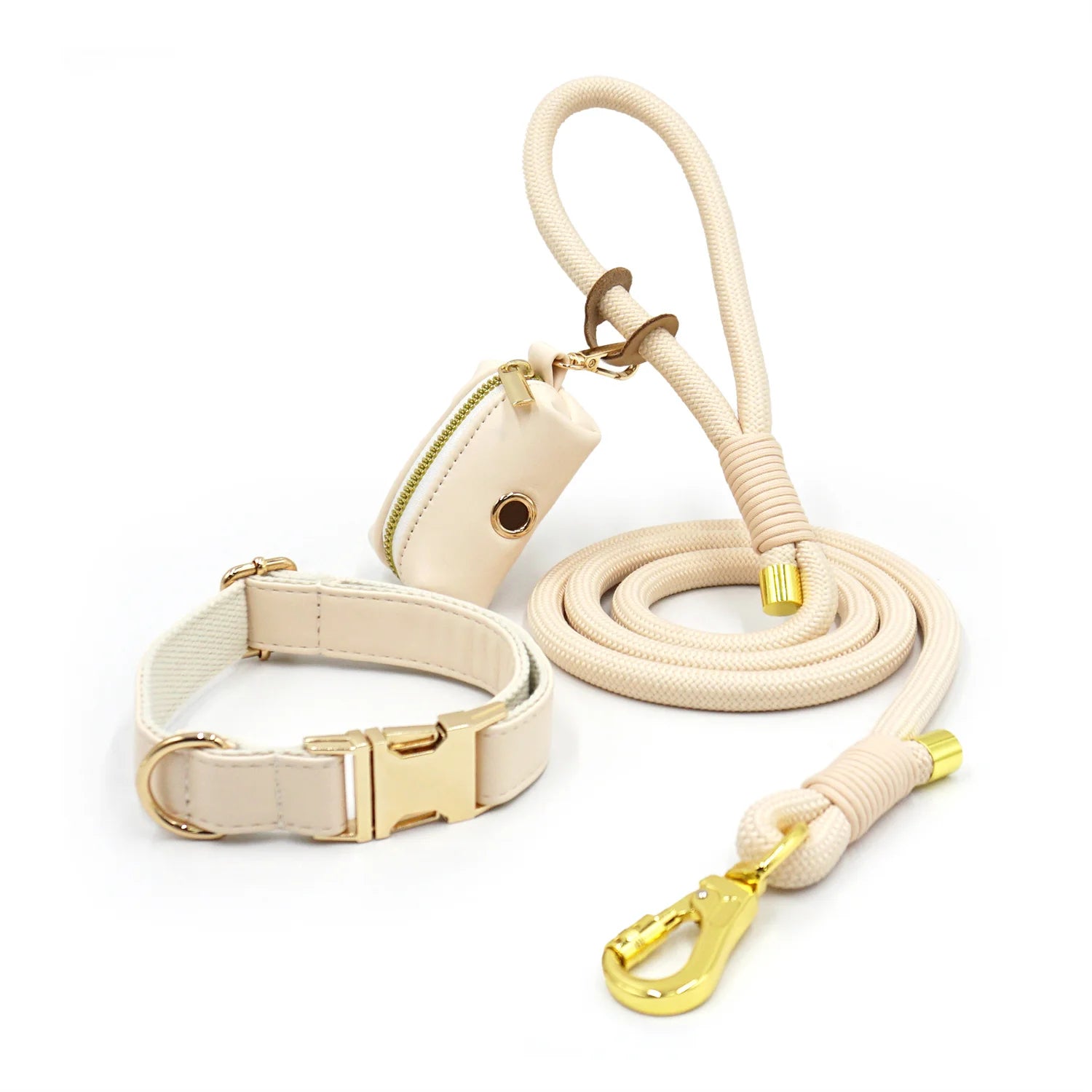 Leather Dog Collar+Leash+Bag Holder Set