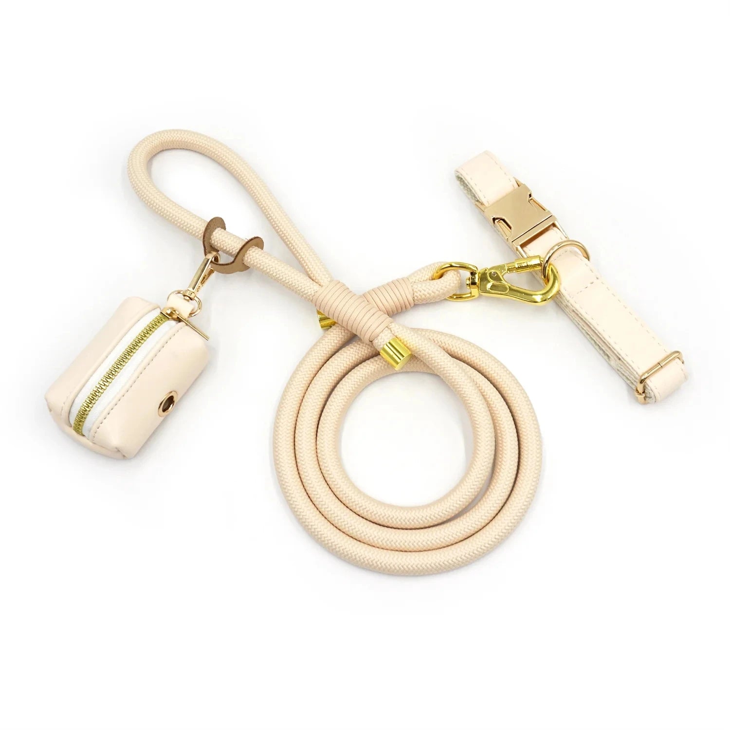 Leather Dog Collar+Leash+Bag Holder Set