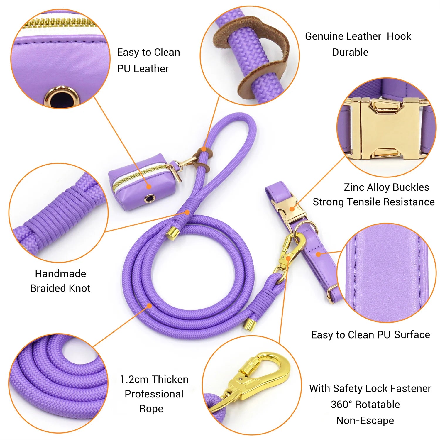 Leather Dog Collar+Leash+Bag Holder Set